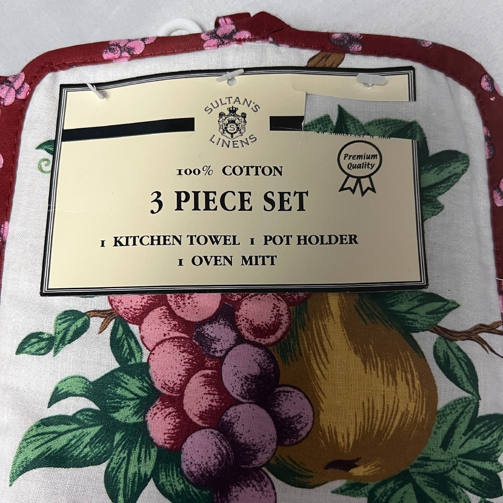Sultan's Linens Kitchen Towel Set 3-Piece Cotton Fruit Grapes Pot Holder Mitt - Picture 2 of 5